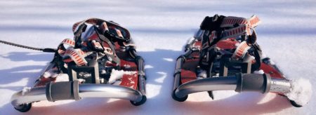 Close up view of snowshoes on snow