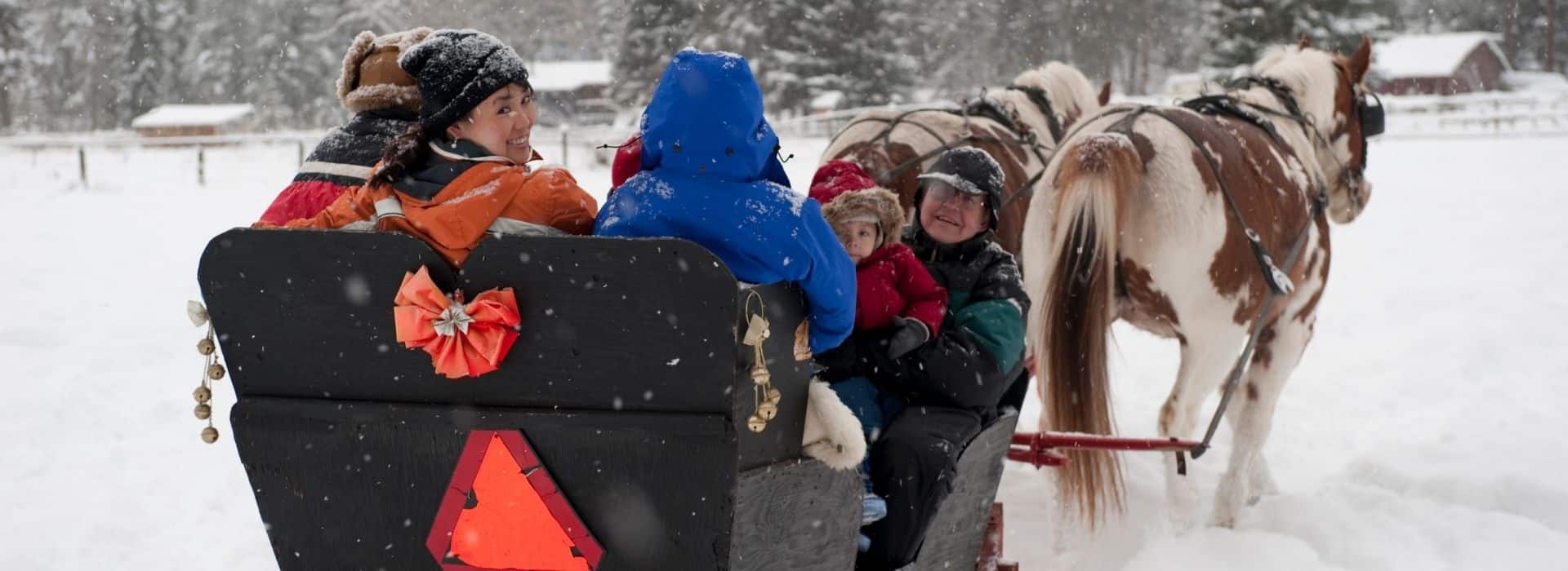 people snuggled together on a sleigh ride on a snowy day