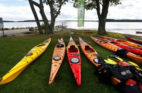Yellow, orange, and red kayaks on green grass near a large body of water