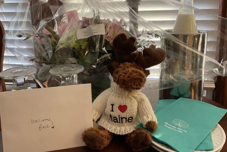 Bouquet of flowers wrapped in clear cellophane, small stuffed moose, bottle of milk, and card on wooden table
